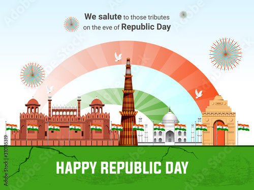 26 January, Happy Republic Day India greeting card. Vector illustration for 26th january Republic Day India lettering banner with national flag and text.