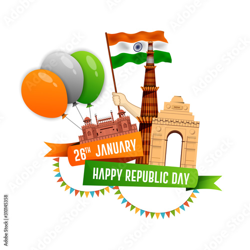 26 January, Happy Republic Day India greeting card. Vector illustration for 26th january Republic Day India lettering banner with national flag and text.