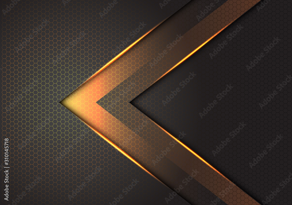 Abstract gold light arrow direction on dark grey hexagon mesh design modern luxury futuristic background vector illustration.