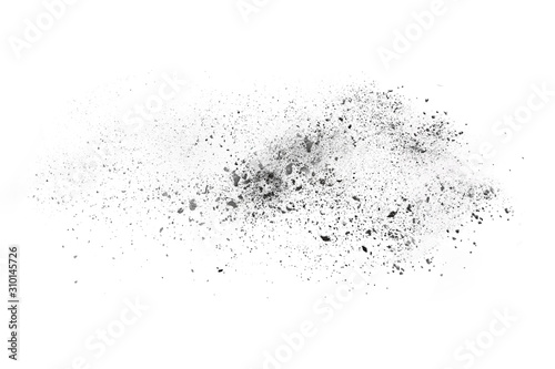 Black powder explosion on white background. 