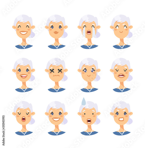 Set of caucasian female emotional characters. Cartoon style people emoticon icons. Holiday elderly guys avatars. Flat illustration women faces. Hand drawn vector drawing emoji portraits