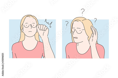 Knock on door and listening, rat-tat and eavesdropping concept. Displeasure, interest, concern, mixed emotions, young woman putting her ear to door, displeased neighbour. Simple flat vector