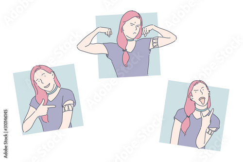 Body parts demonstration, grimacing concept. Piddling, naughtiness, awkward age, young woman showing tattoo, girl demonstrating muscles, female teenager putting out tongue. Simple flat vector