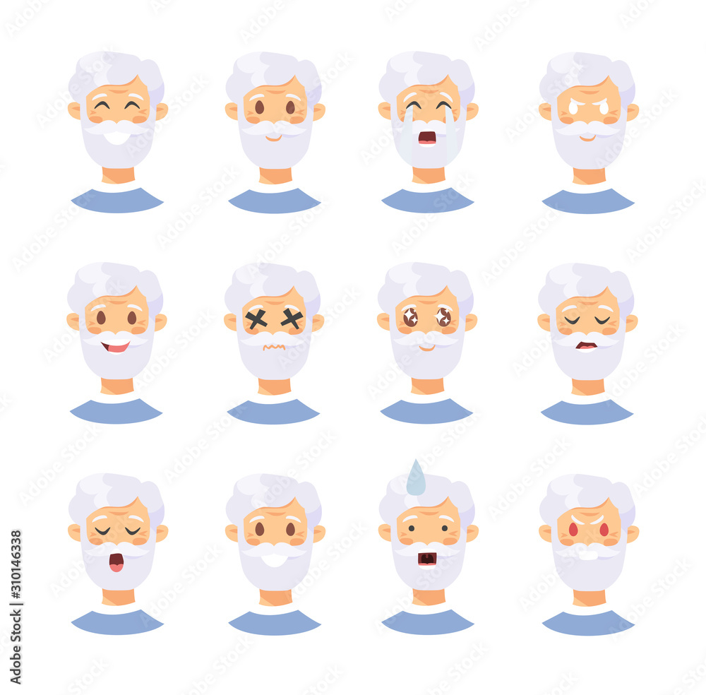 Fototapeta premium Set of caucasian male emotional characters. Cartoon style people emoticon icons. Holiday elderly guys avatars. Flat illustration men faces. Hand drawn vector drawing emoji portraits