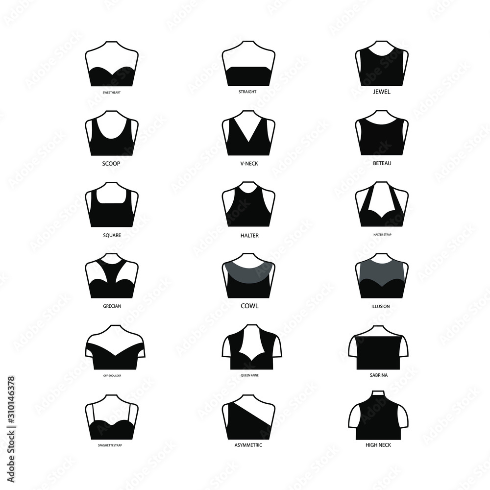 Vector illustration set of various neckline types for women's' fashion ...