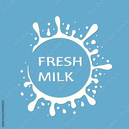 Milk emblem and dairy label with splashes and blots for design. Vector milk stain and drops of cream, stock illustration