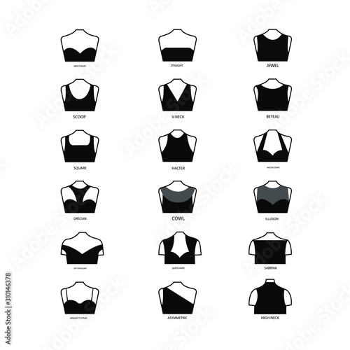 фотографія Vector illustration set of various neckline types for women's' fashion