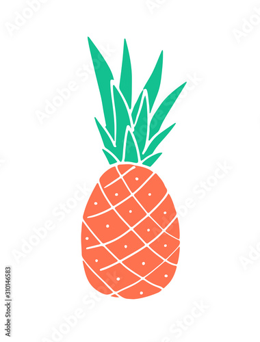 Vector illustration of a pineapple. Organic, natural template. Cute ananas with leaves. Great basic for flyer, brochure, wrapping paper, shirt design print, invitation, banner, poster.
