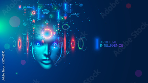 Artificial intelligence in the image of a wise woman. AI conceptual futuristic blue banner. Cybernetics mind analysis data. Neuron network processes information. Interface consists of computer icons.