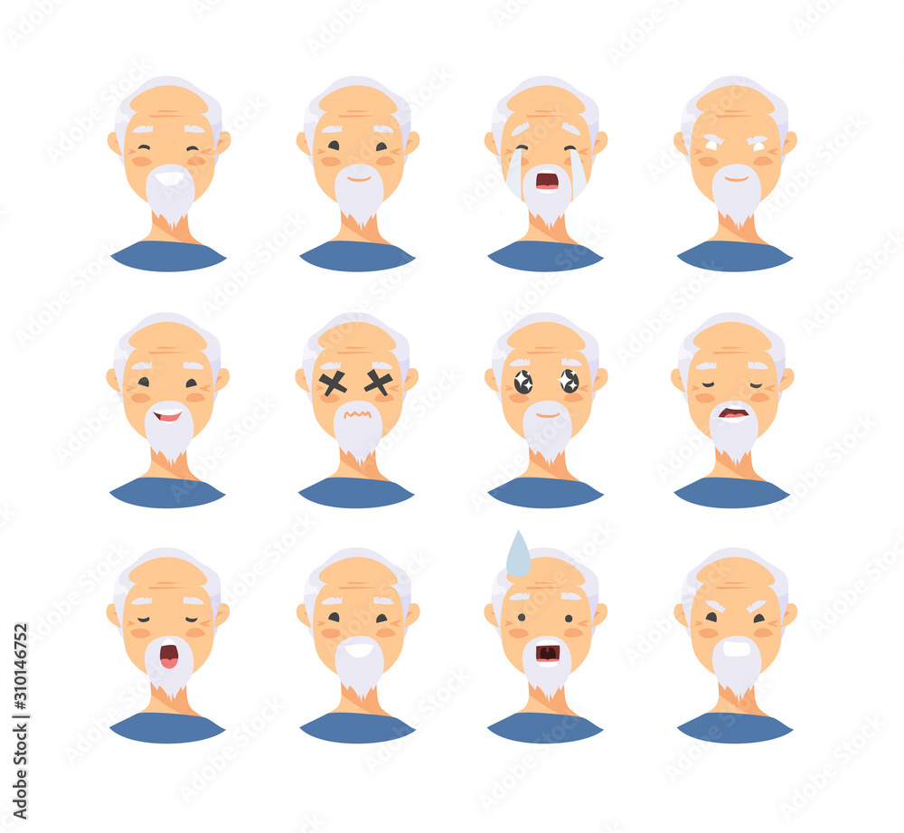 Set of asian male emotional characters. Cartoon style people emoticon icons. Holiday elderly guys avatars. Flat illustration men faces. Hand drawn vector drawing emoji portraits Set of asian male emotional characters. Cartoon style people emoticon icons. Holiday elderly guys avatars. Flat illustration men faces. Hand drawn vector drawing emoji portraits