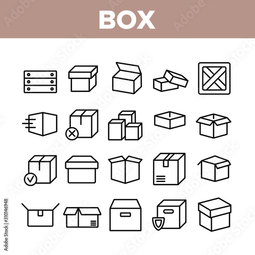 Box Carton Package Collection Icons Set Vector Thin Line. Wooden And Cardboard, Opened And Closed Box, Object For Storage And Delivery Concept Linear Pictograms. Monochrome Contour Illustrations