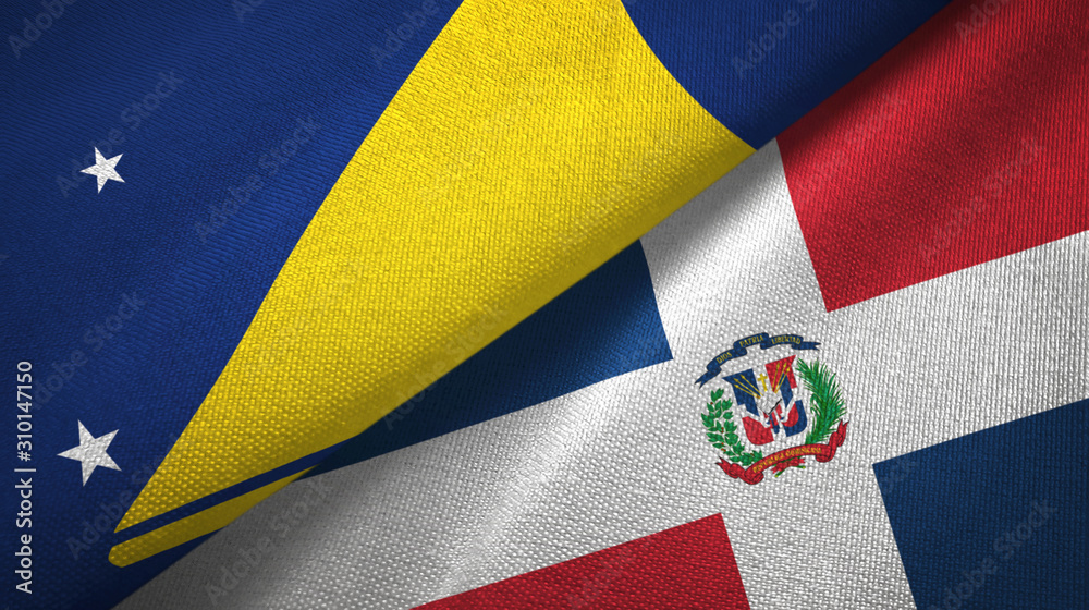 Fototapeta premium Tokelau and Dominican Republic two flags textile cloth, fabric texture