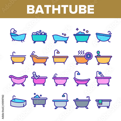 Bathtube And Shower Collection Icons Set Vector Thin Line. Bathtube In Different Form, With Human And Full Soap Bubbles, Faucet And Towel Concept Linear Pictograms. Color Contour Illustrations
