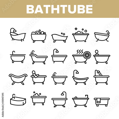 Bathtube And Shower Collection Icons Set Vector Thin Line. Bathtube In Different Form, With Human And Full Soap Bubbles, Faucet And Towel Concept Linear Pictograms. Monochrome Contour Illustrations