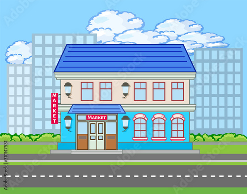 Colored market building near the road with skyscrapers silhouette. Vector flat illustration of mall or store. Municipal city life banner. Modern trading street with shop house