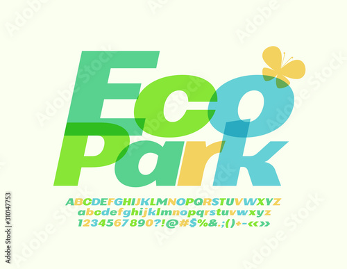 Vector poster Eco Park with decorative Butterfly. Transparent bright Font. Trendy Alphabet Letters 