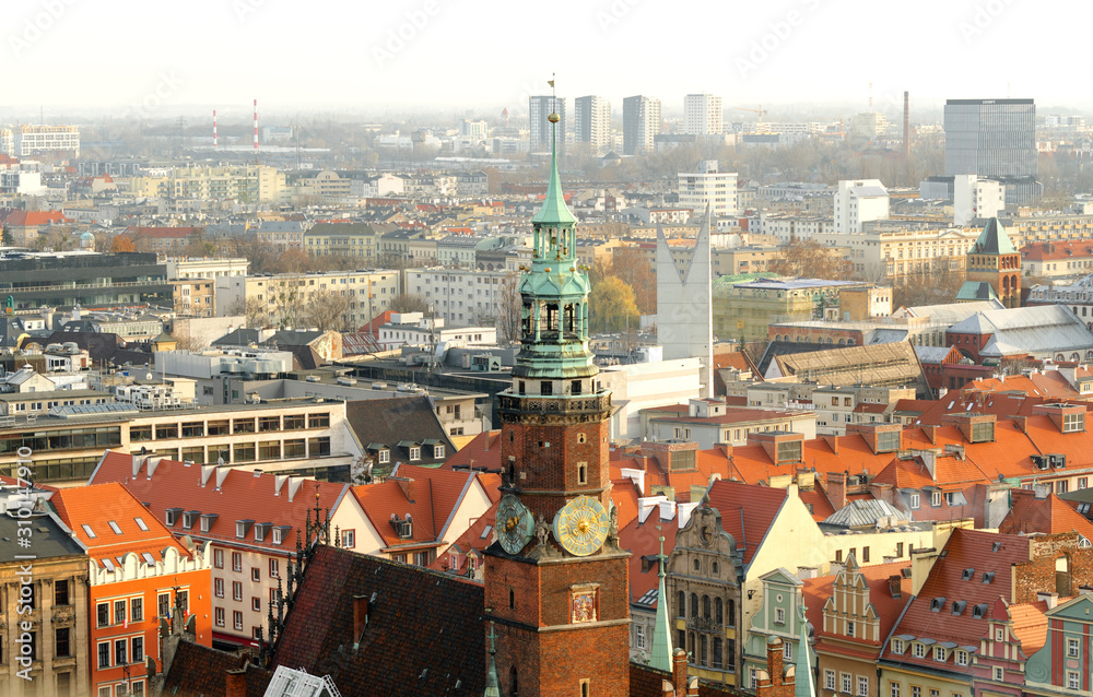 Bird Eye View to Panorama of Wroclaw City, Poland. View from the top of central Tower.