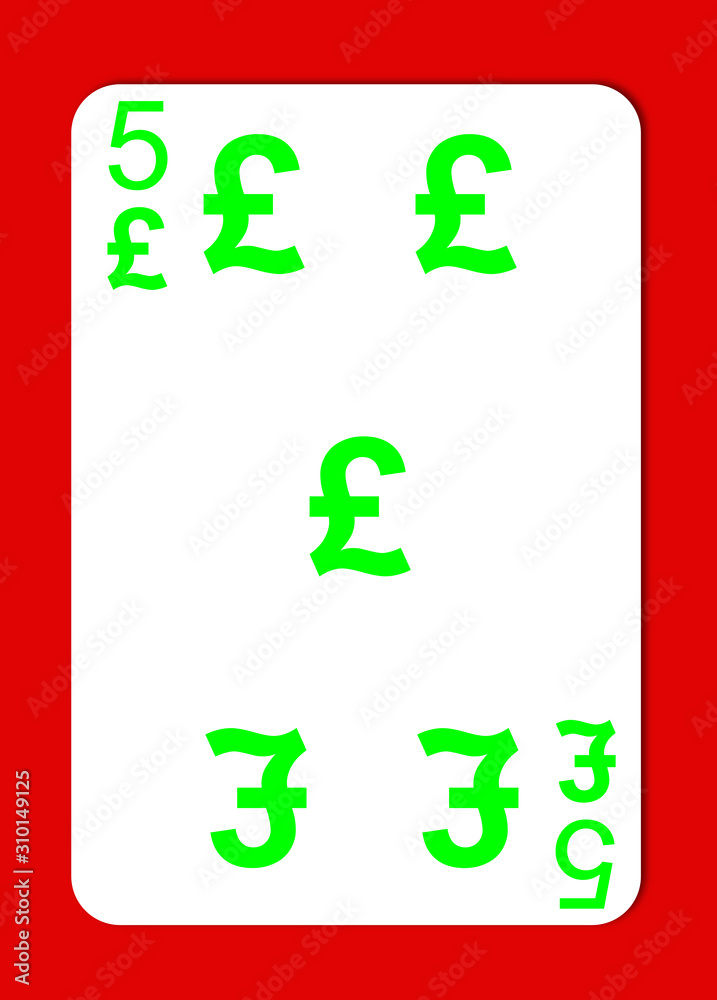 British sterling pound symbol, the playing card 5. Illustration in green color, isolated. Currency GBP with reference to business and economy. Game, gambling. British sterling pound symbol, the playing card 5. Illustration in green color, isolated. Currency GBP with reference to business and economy. Game, gambling.