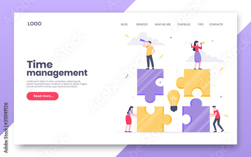 Business internet landing page concept template. Creative business people with big jigsaw puzzle pieces. Teamwork, time management concept flat style design vector illustration isolated on background.