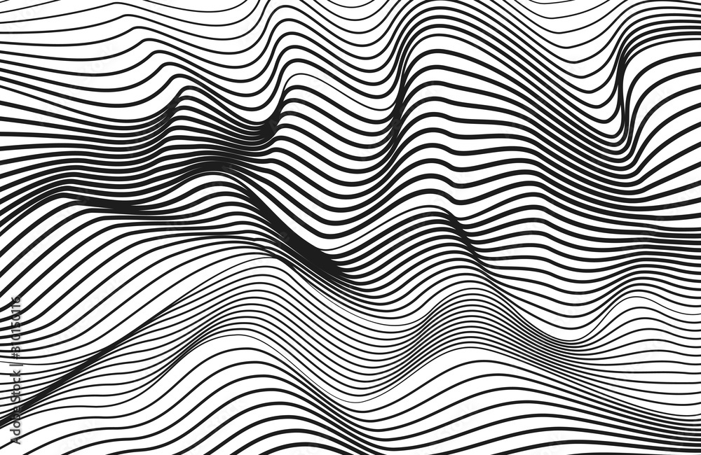 Op art technology pattern. Abstract black and white waves. Creative design, flowing lines. Vector squiggle, subtle curves. Monochrome striped background. Optical illusion. EPS10 illustration Op art technology pattern. Abstract black and white waves. Creative design, flowing lines. Vector squiggle, subtle curves. Monochrome striped background. Optical illusion. EPS10 illustration