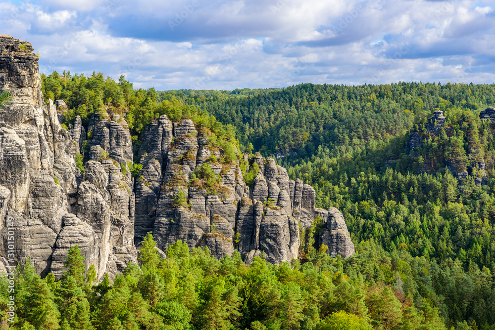 Fototapeta premium Bastei Rocks in Swiss Saxony, beautiful landscape scenery around the ruins of Neurathen Castle, Elbe Sandstone Mountains in Saxon Switzerland, Germany, Europe.
