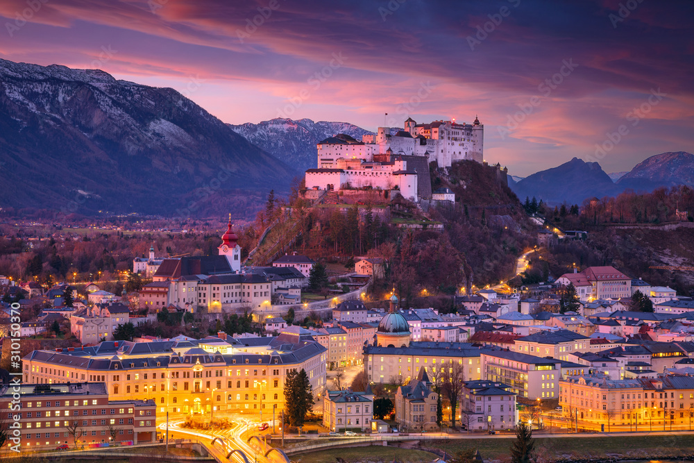Salzburg, Austria. Cityscape image of the Salzburg, Austria with Hohensalzburg Fortress during beautiful winter sunrise.