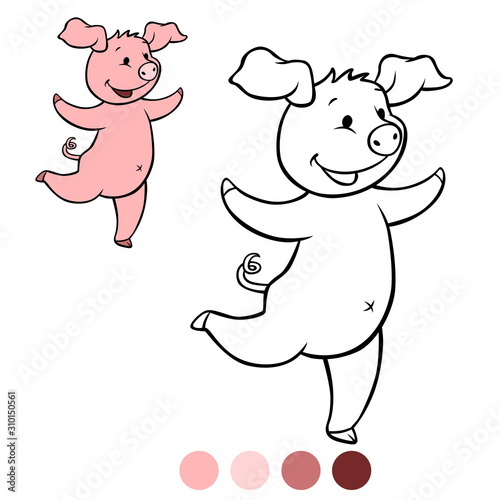 Fototapeta Naklejka Na Ścianę i Meble -  Color me: Little cute piglet runs and laughs.