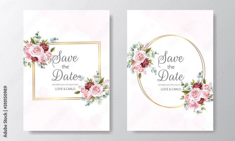 Wedding invitation card template set with beautiful floral leaves