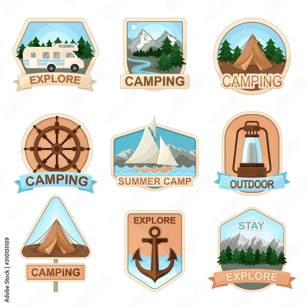 Outdoor Adventure and Camping Badges Vector Set.
