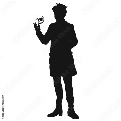 black silhouette of a prince in  dresscoat with a flower in his hand