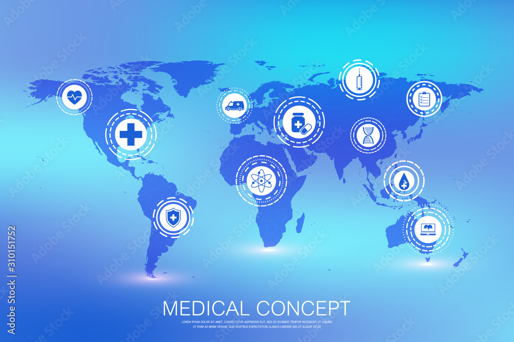 Obraz premium Abstract health care banner template with flat icons. Healthcare medicine concept. Medical innovation technology pharmacy banner. Vector illustration