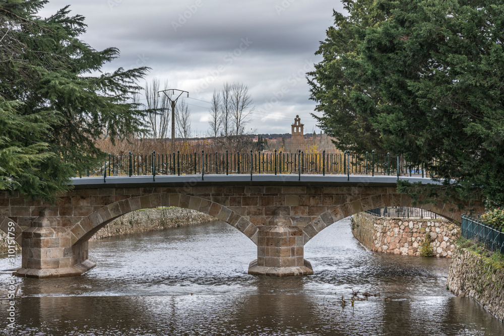 Fototapeta premium The Aguisejo River as it passes through Ayllón and its medieval bridge (Segovia, Spain)
