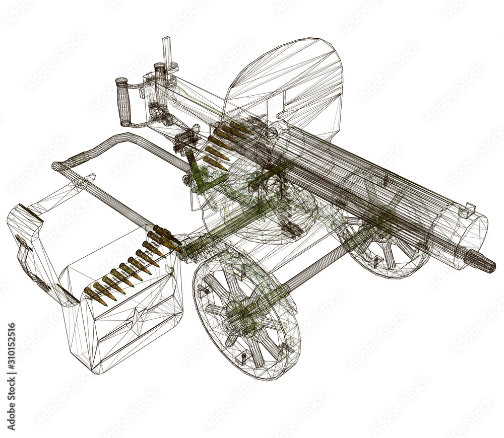 Wireframe of the Maxim machine gun. Machine gun isolated on a white background. View isometric. 3D. Vector illustration Wireframe of the Maxim machine gun. Machine gun isolated on a white background. View isometric. 3D. Vector illustration