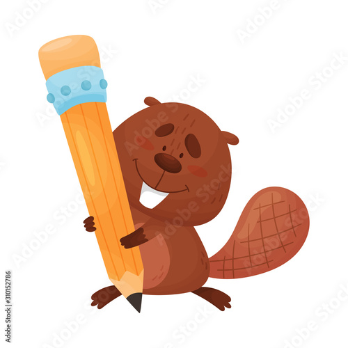Fotografie Funny Beaver Standing with Huge Pencil in His Paws Vector Illustration