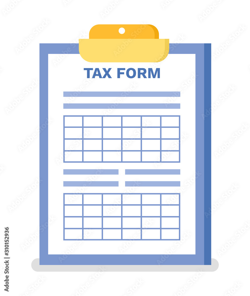 Tax form clipboard vector, paper with empty space for filling and writing information, isolated page with table and required info, flat style banking Tax form clipboard vector, paper with empty space for filling and writing information, isolated page with table and required info, flat style banking