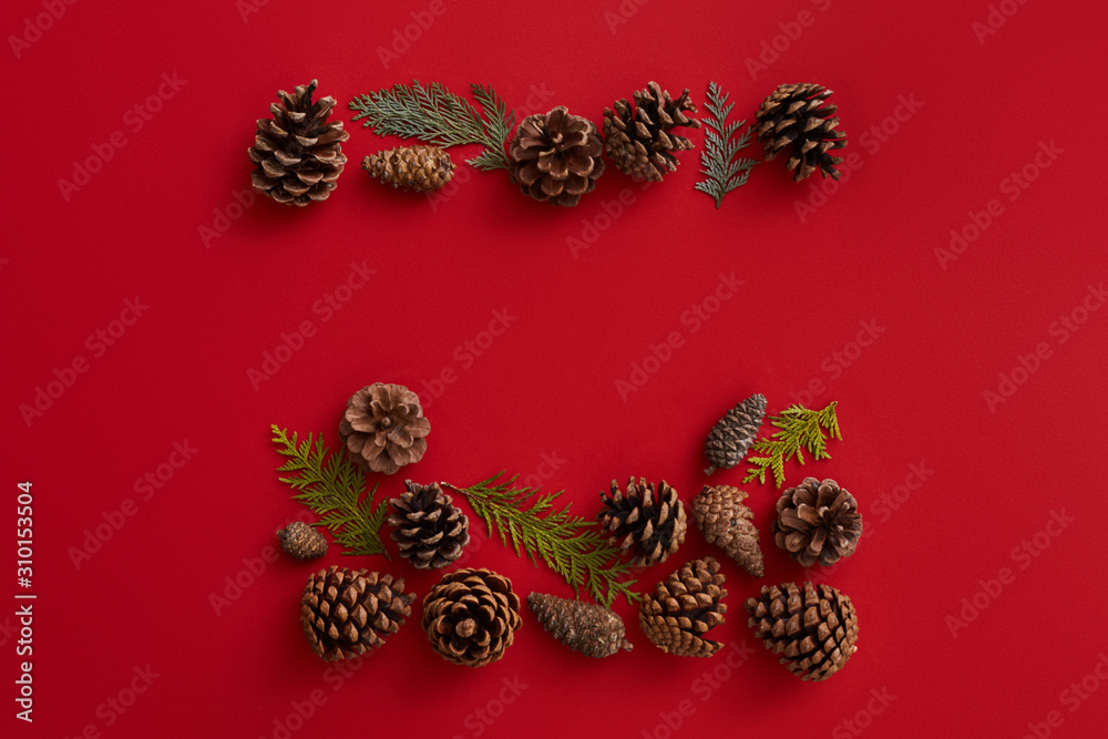 Flat lay composition of fir cones and spruce branches on the red background. Christmas concept