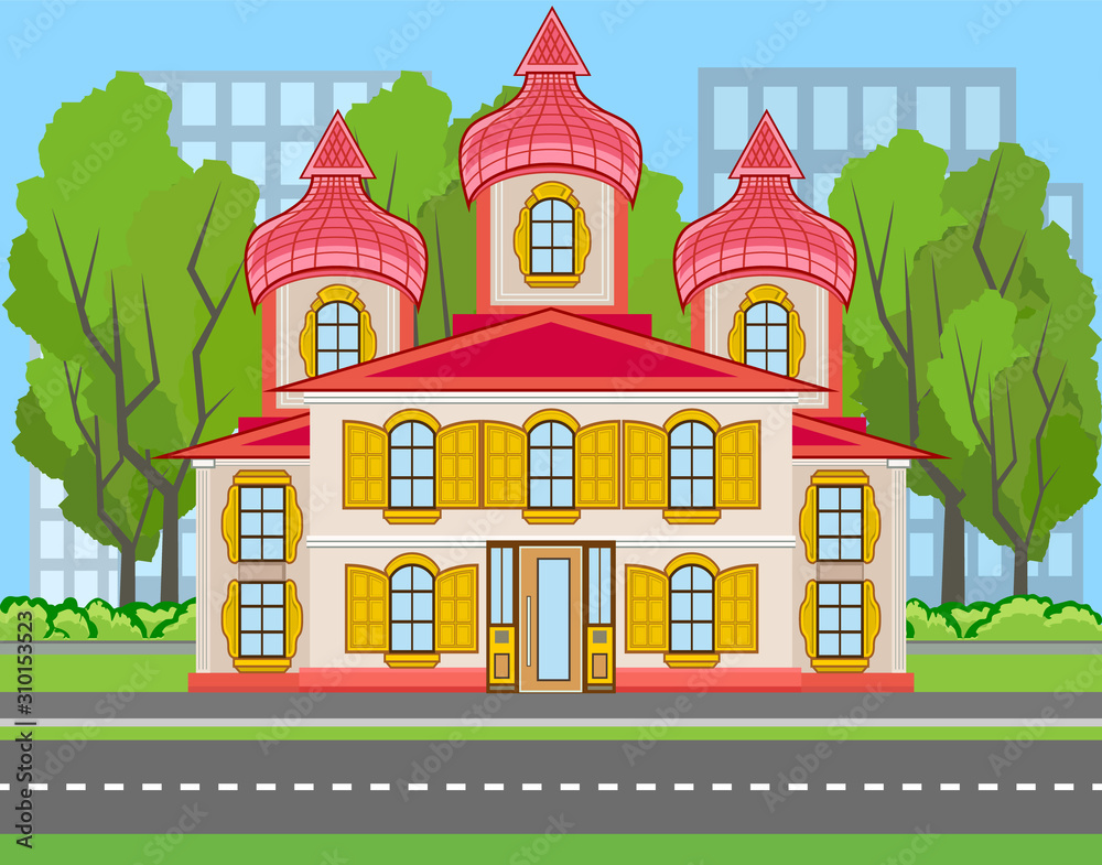Colored church building near the road with trees and city silhouette. Vector flat illustration of kirk or chapel. Municipal city life banner. Modern cathedral street with religious house