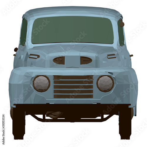 Vintage blue pickup. Polygonal pickup. Front view. 3D.