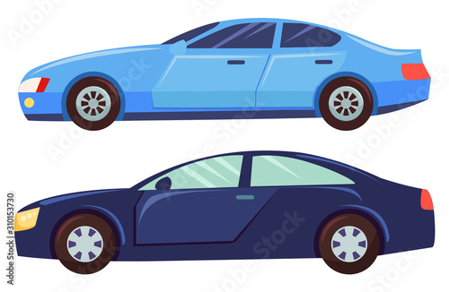 Fototapeta Naklejka Na Ścianę i Meble -  Blue car isolated on white background. Sedan with dark toned glasses. Auto to drive and get your destination quickly. Wheeled motor vehicle used for transportation. Vector illustration in flat style