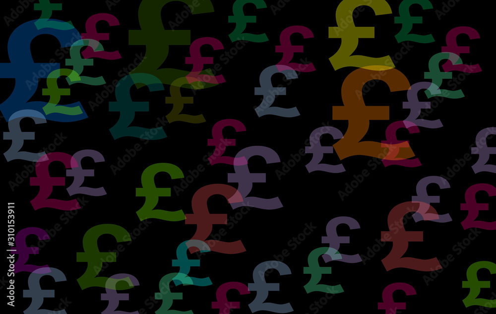 British sterling pound symbol. currency GBP. Coin sign graphic isolated of legal tender, on a dark background, elegant black in contrast with cheerful tones. Illustration with randomly placed sign. British sterling pound symbol. currency GBP. Coin sign graphic isolated of legal tender, on a dark background, elegant black in contrast with cheerful tones. Illustration with randomly placed sign.
