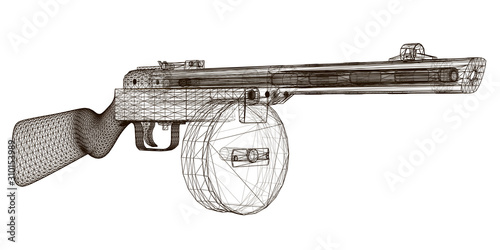 Wireframe submachine gun Shpagin. Soviet old machine gun. View perspective. 3D. Vector illustration