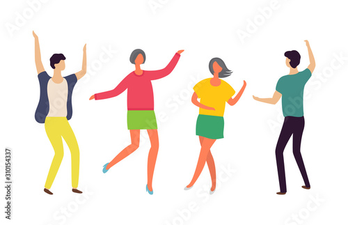 Man and woman dancing in pair, people moving together, holding each other, female rising hands, character on dance floor, full length view of dancer vector