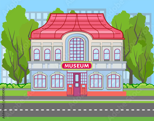 Colored museum building near the road with trees and skyscrapers silhouette. Vector flat illustration with outlined stroke. Municipal city culture life banner. Modern street with exhibition pavilion