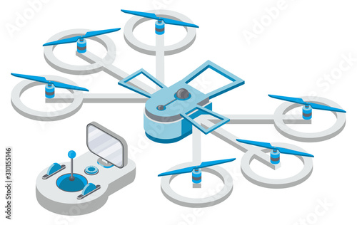 Drone with remote controller, wireless device with propellers, quadcopter symbol, aircraft with remotely radio controlled flying robots, discovery air robot for video and photo, multicopter vector