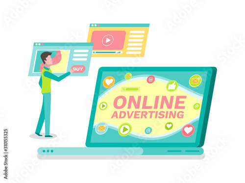 User man browsing web vector. Online advertising and promotion of product, digital marketing, commercial activity of business. Monitor with info page