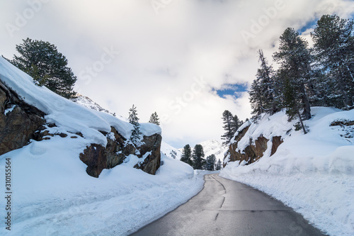 Alpine road in to the mountains. The Kaunertaler Gletscher road in Kaunertal, Tyrol, Austria, climbs from 1300 m to 2750 m and is accessible even in wintertime. 