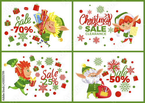 Christmas discounts, 70 percent sale. Promotional banners set with proposals from shops. Elves xmas character with gifts and presents for winter holidays. Old leprechaun with bag full of sweets vector