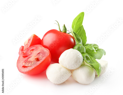 Rpe red cherry tomatos and mozzarella isolated on white background. Top view