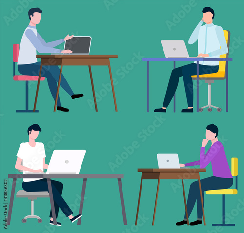 Brokers sitting at computers and working on notebooks. Vector stockbrokers middlemans sitting at tables with computers and buys and sells goods or assets