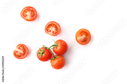 Obraz na płótnie Red ripe cherry tomatoes isolated on white background. Top view